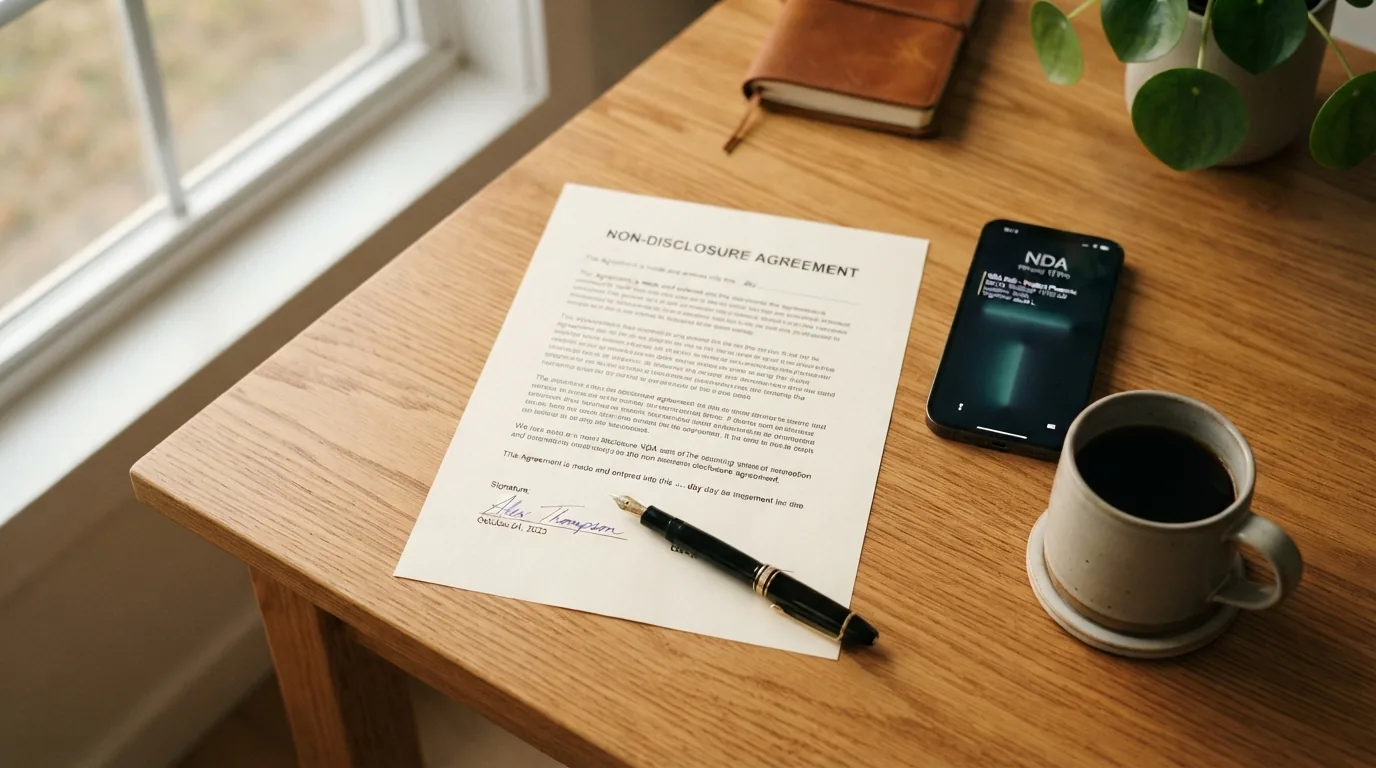 A signed non-disclosure agreement on a table with a fountain pen and a phone showing the call invitation