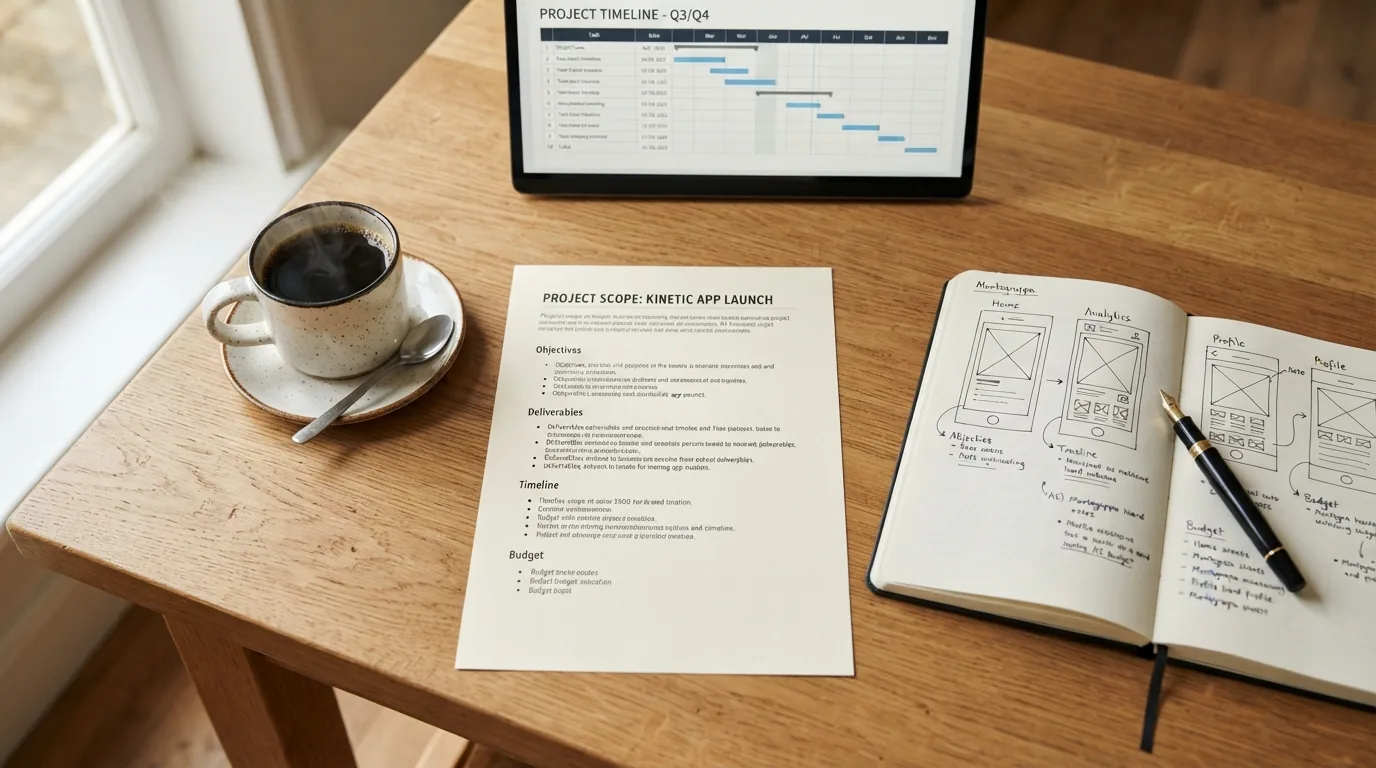 A printed one-page project scope on a table beside a notebook of wireframe sketches and a tablet showing a project timeline